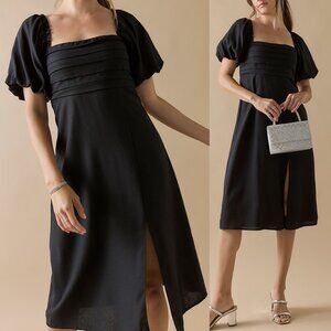 Francesca’s Sarah Pleated Puff Sleeve Midi Dress S Black Linen Blend LBD Classic